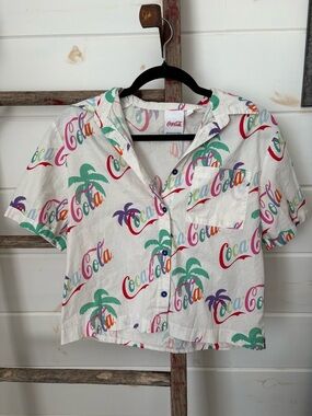 Coca Cola Multicolor Logo Crop Button-Up Top on White